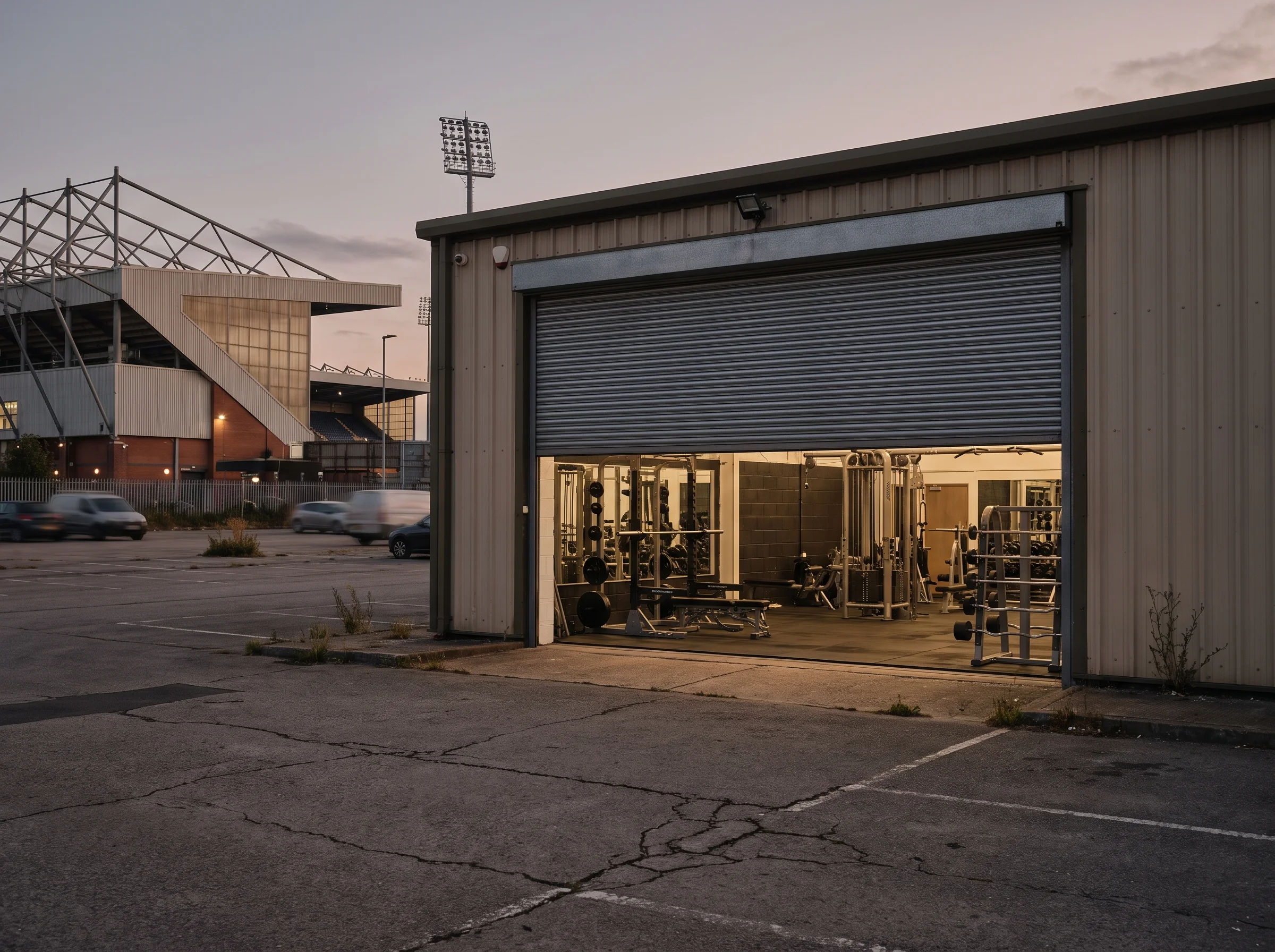 The front of Hammerhouse Gym from the car park: a raised roller door in a dark corrugated steel unit, with a corner of the Riverside stadium behind