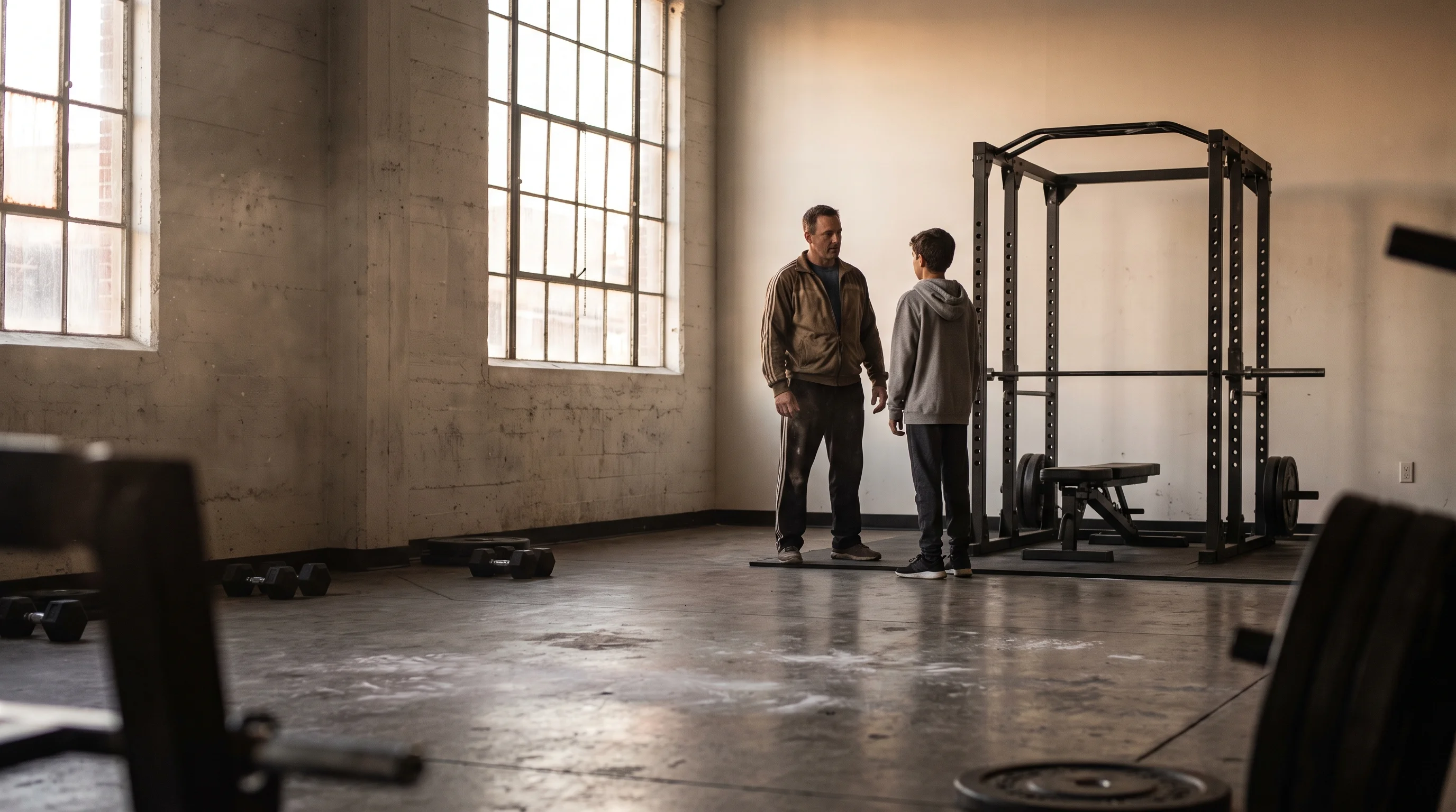 A coach and a newcomer in a hoodie and trainers standing by an empty rack talking, seen from across the gym floor in daylight