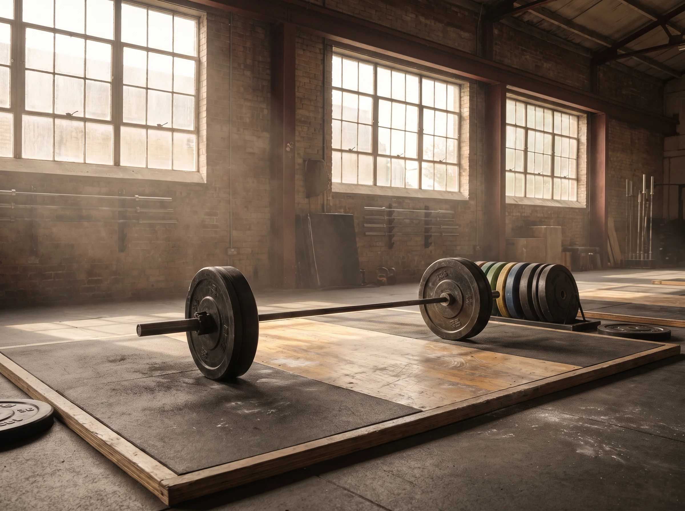A lifting platform with a loaded barbell resting on it, chalk block to one side, daylight across the floor