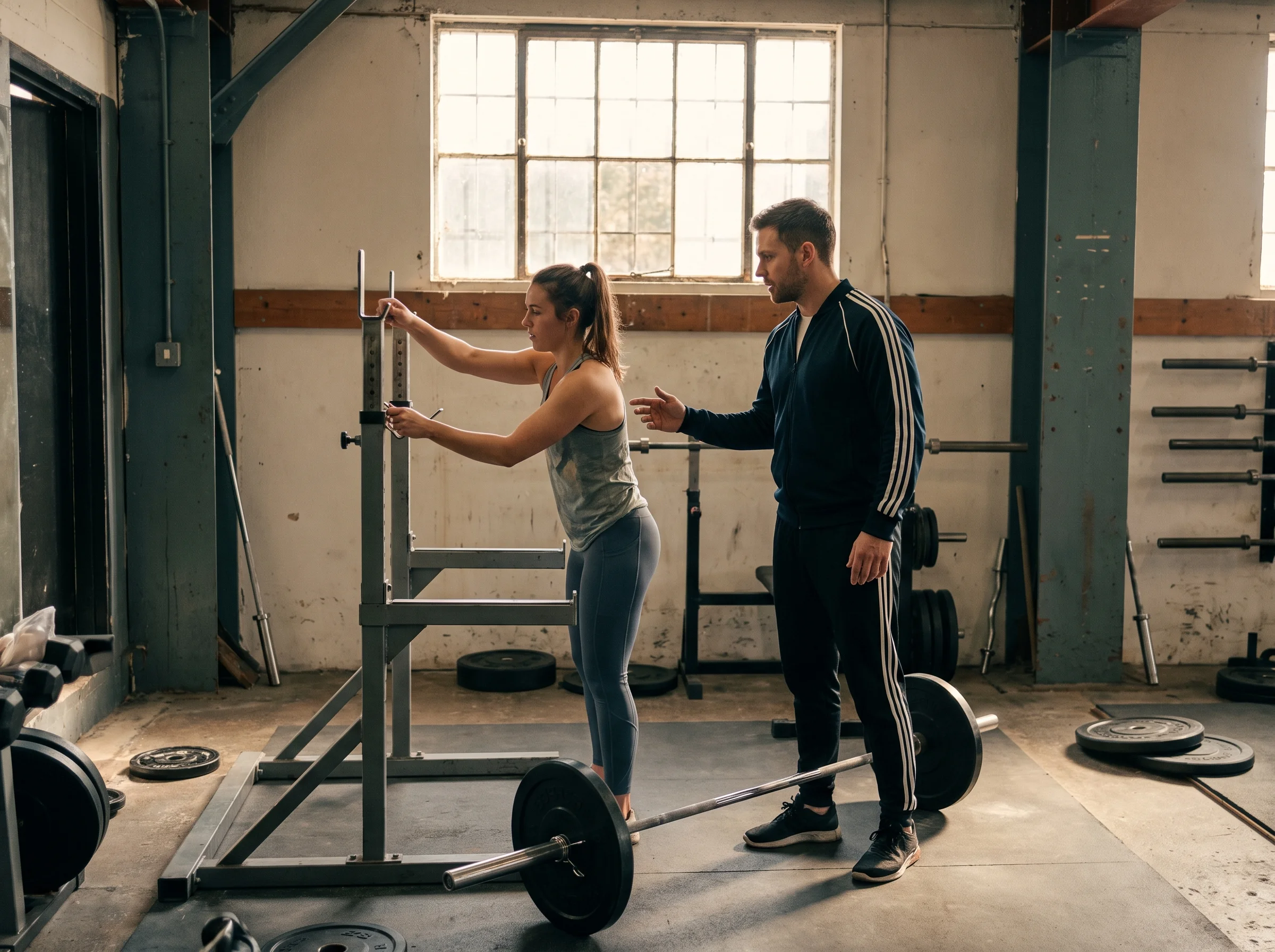 A woman adjusting the hooks on a squat rack to set the bar height while a coach stands beside her