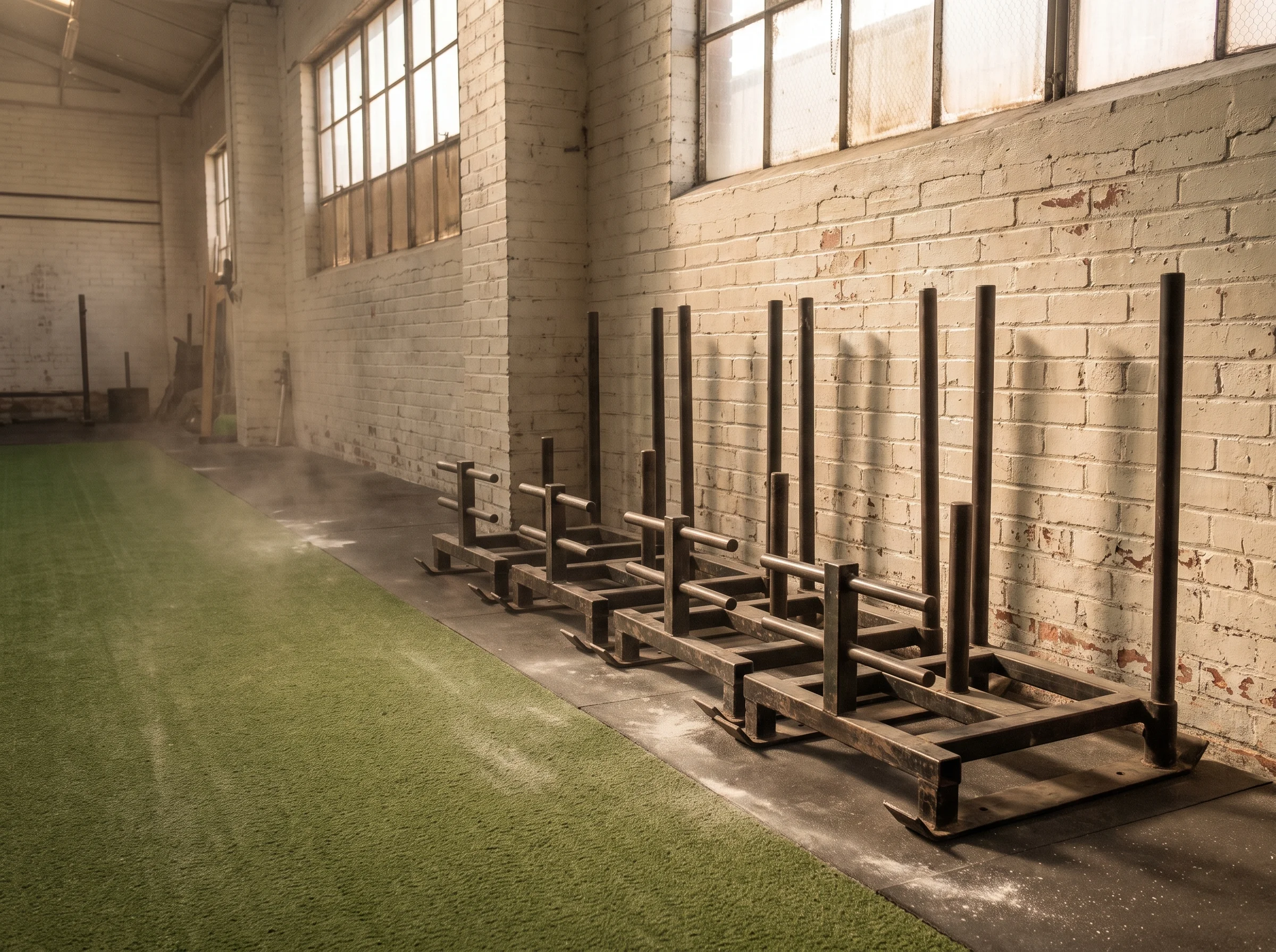 Three steel sleds parked against a brick wall with a strip of worn turf in front of them