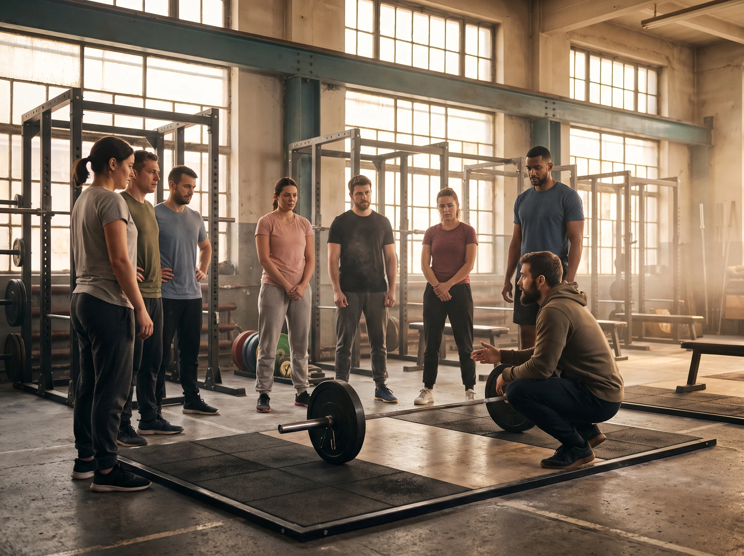 A beginners' group of mixed ages standing round an empty barbell on a platform while a coach crouches to point at it, daylight behind them