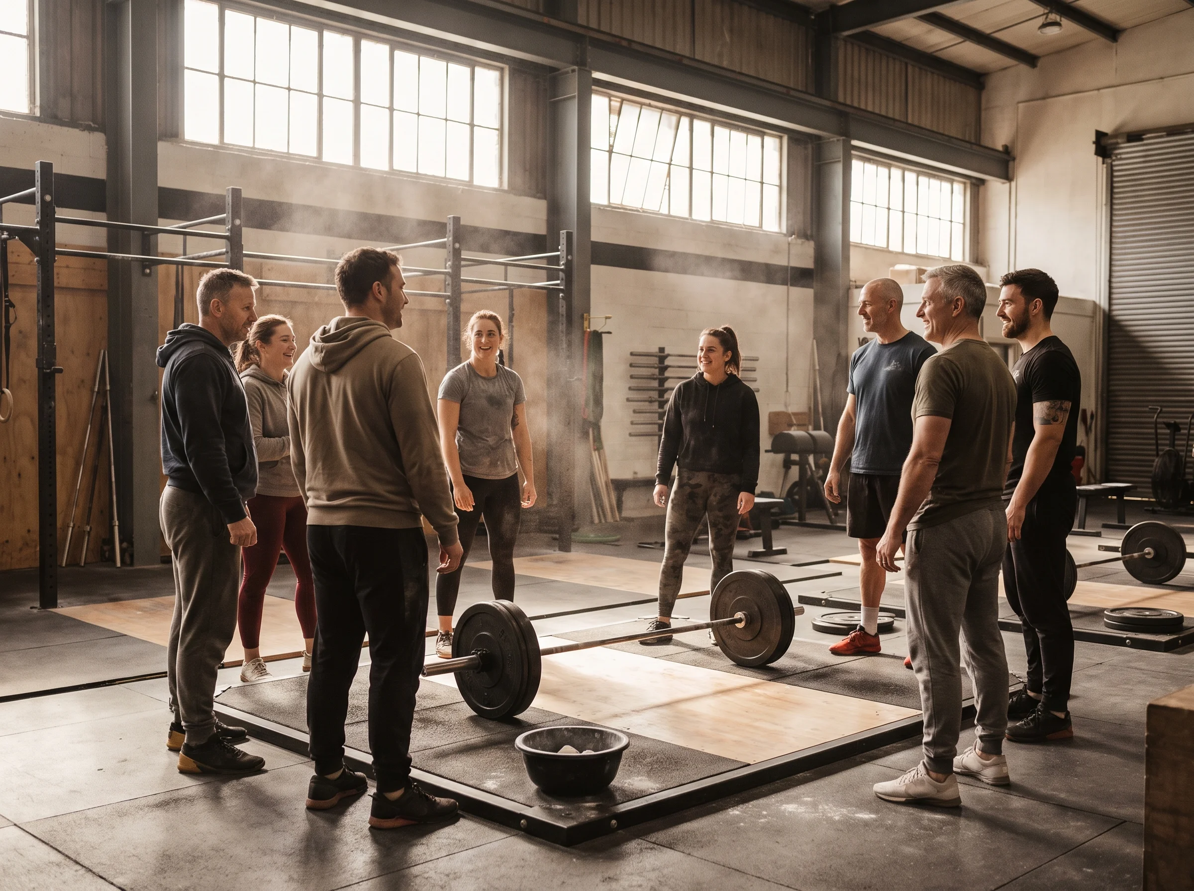 Seven members of mixed ages chatting round a platform between sets, a woman in her sixties among two powerlifters and a couple of beginners