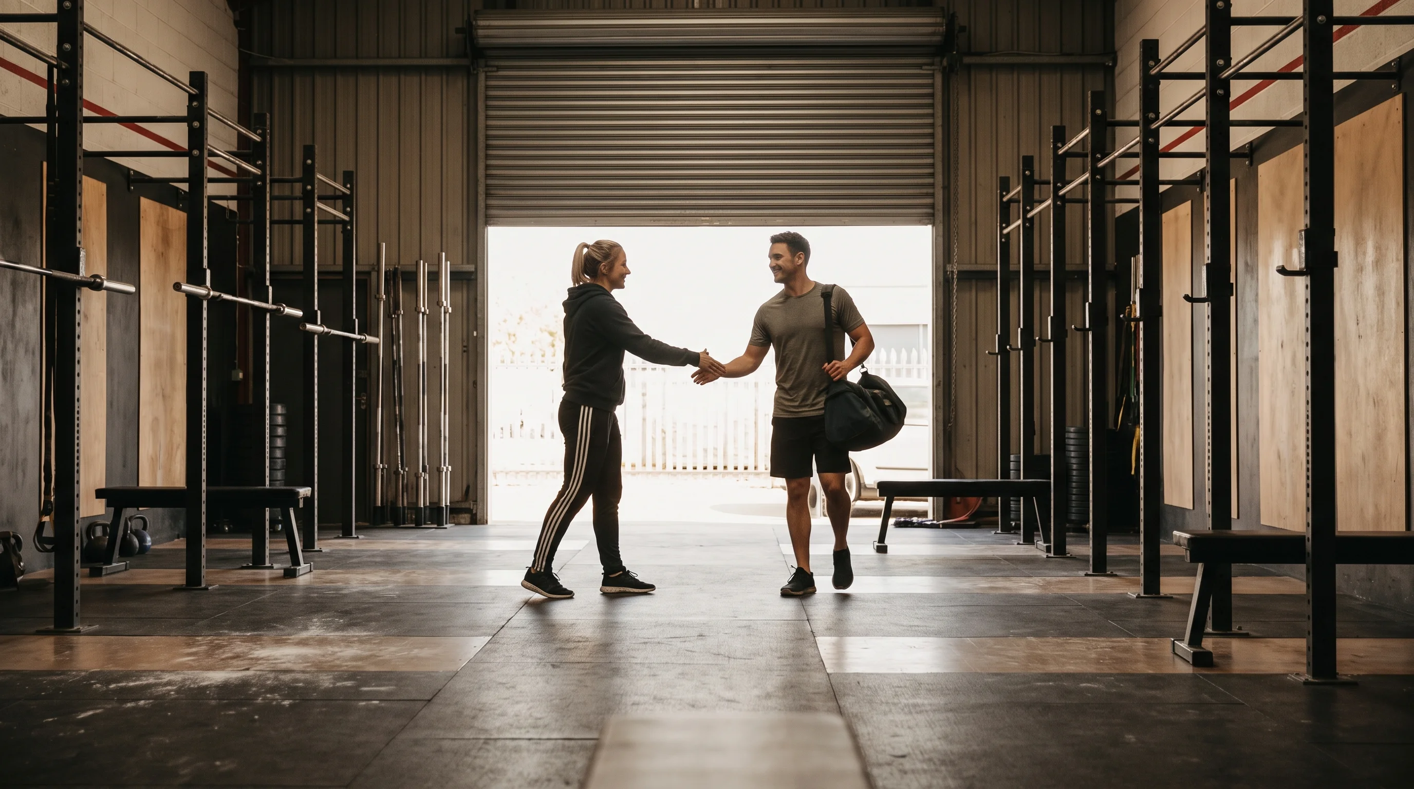 A coach greeting a newcomer who has just stepped in through the roller door, seen from inside the gym with daylight behind them